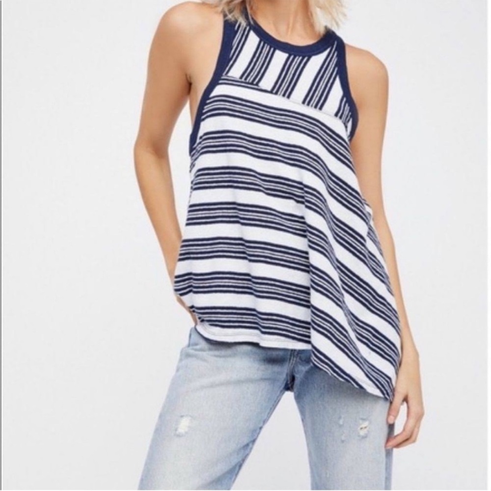 NWT We The Free Thursday Linen Tank Blue White Size Medium